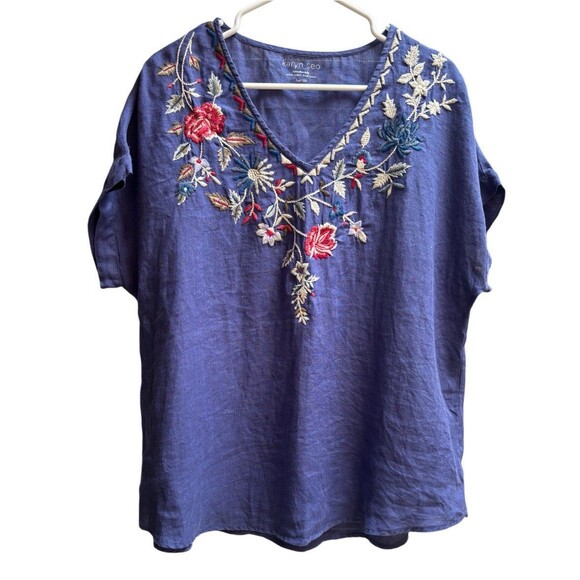 Karyn Seo Size L Blue  Embroidered V Neck 100% Linen Top - Picture 2 of 6